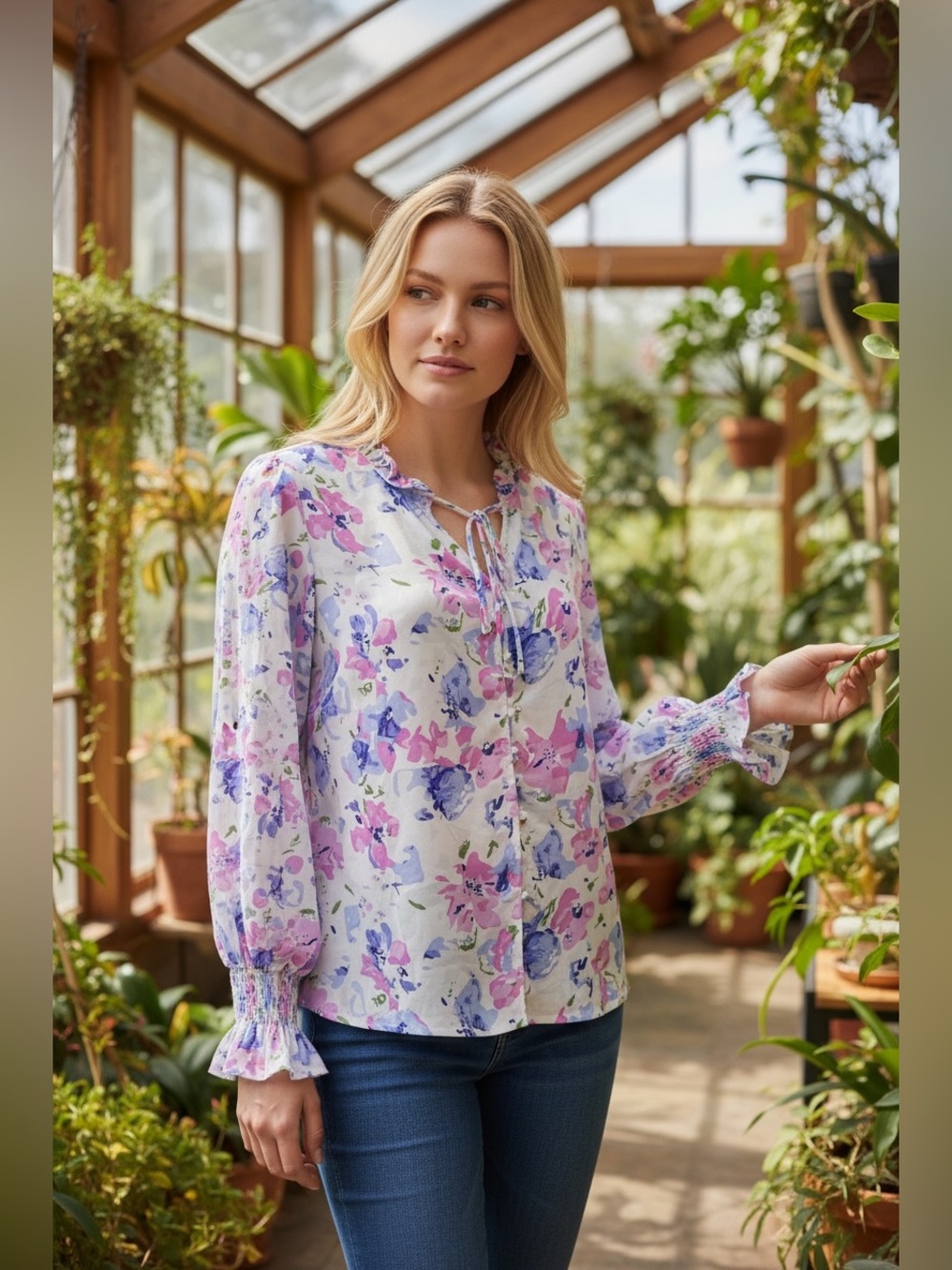NWOT - Floral Long Sleeve Blouse - White with Pink & Purple Floral - Size Small